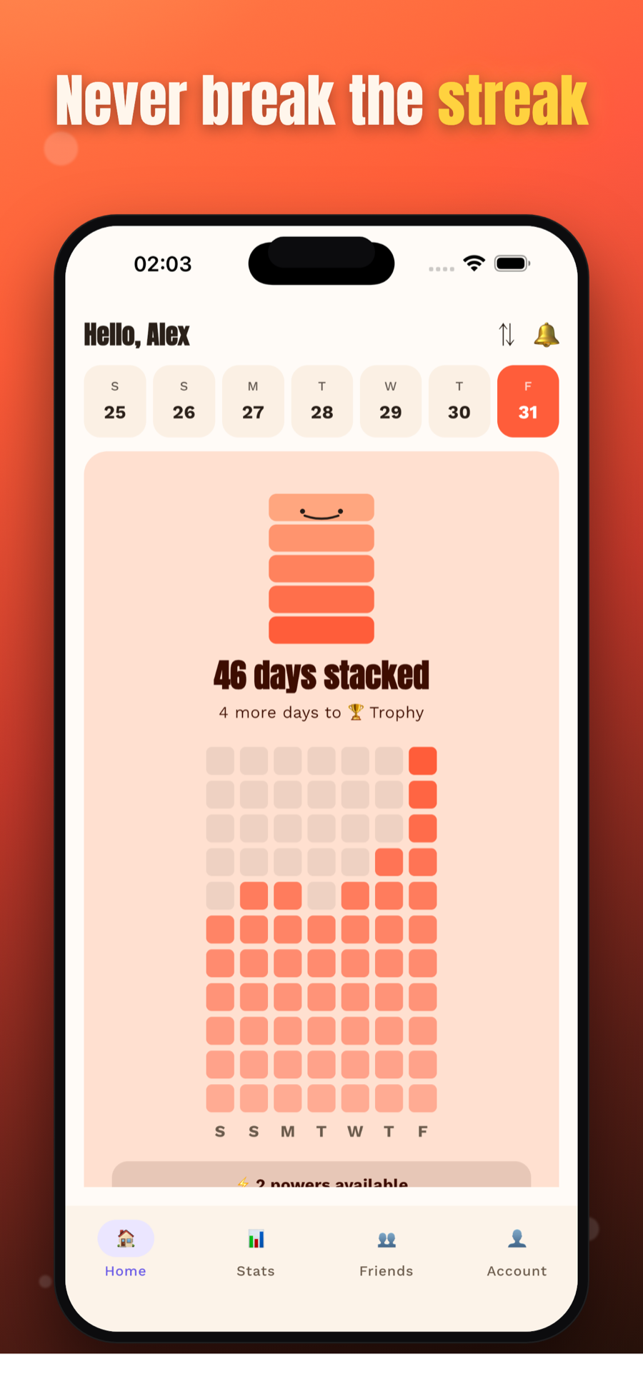 StackDays home screen showing a 46 day streak stacked and consistency grid