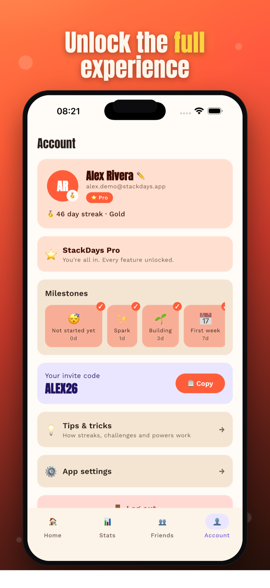 StackDays account screen with Pro badge, milestones, and invite code