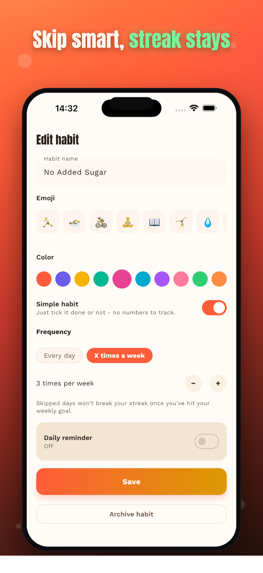 StackDays new habit screen with a 3 times per week frequency option that still keeps the streak